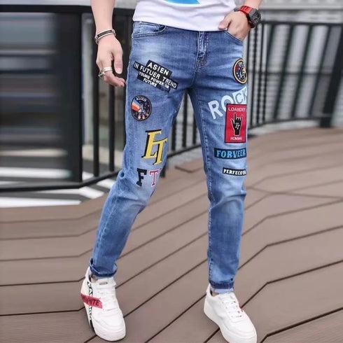 Slim Fit Korean Streetwear Graphical Printed Luxury Hip-Hop Stretch Denim Jeans for Men - Perfect Medium Wash Jeans Outfit